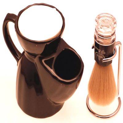Black Pottery Shaving mug, Omega Synthetic shaving brush and Chrome Dripstand