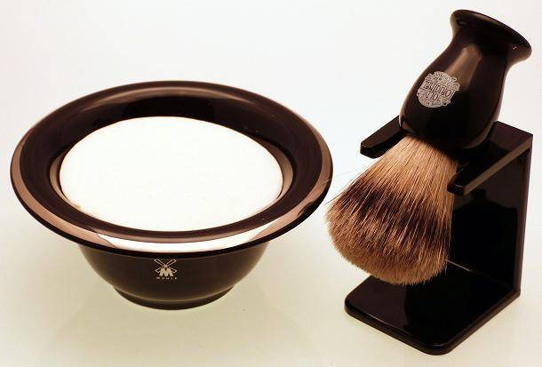 Muhle black porcelain shaving bowl, badger shaving brush and stand