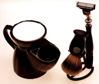 Black Pottery Shaving mug, Mach 3 razor, Super Badger shaving brush and stand