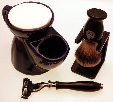 Blue shaving mug and black brush and razor gift set