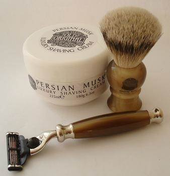 Progress Vulfix Edwardian horn razor, brush and luxury shaving cream set