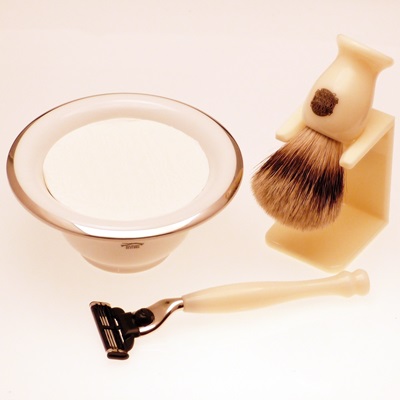 White porcelain shaving bowl, badger shaving brush with stand and razor premium package